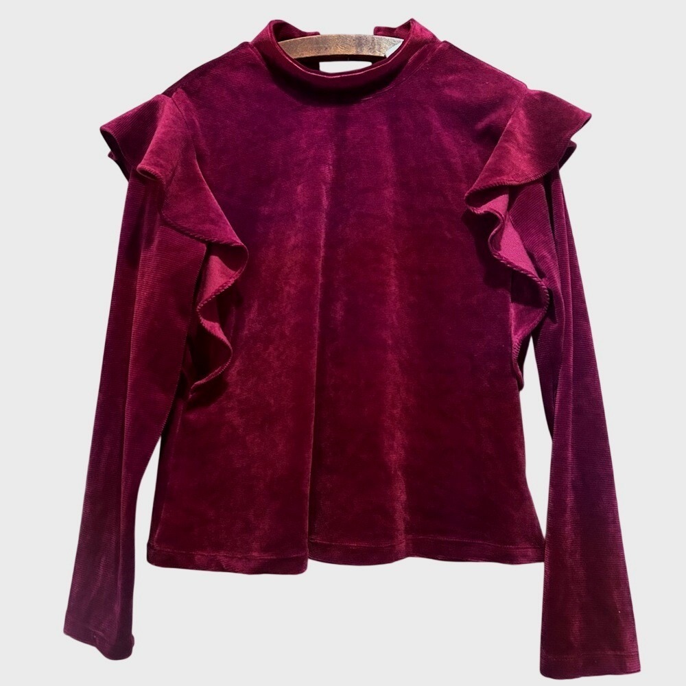 Hutch Top Womens M Rib Velour Mock Neck Burgundy‎ Ruffle Witchy Gothic Victorian
